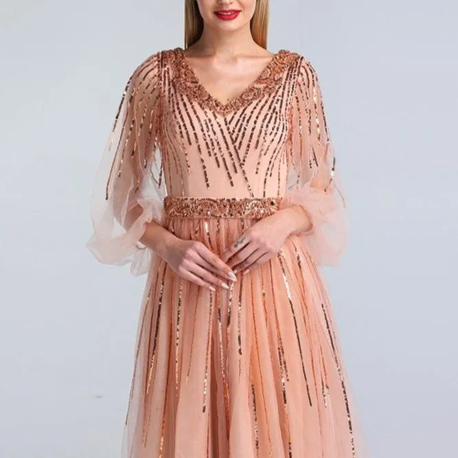 Pink V-Neck Evening Dresses Sequined Long Sleeves