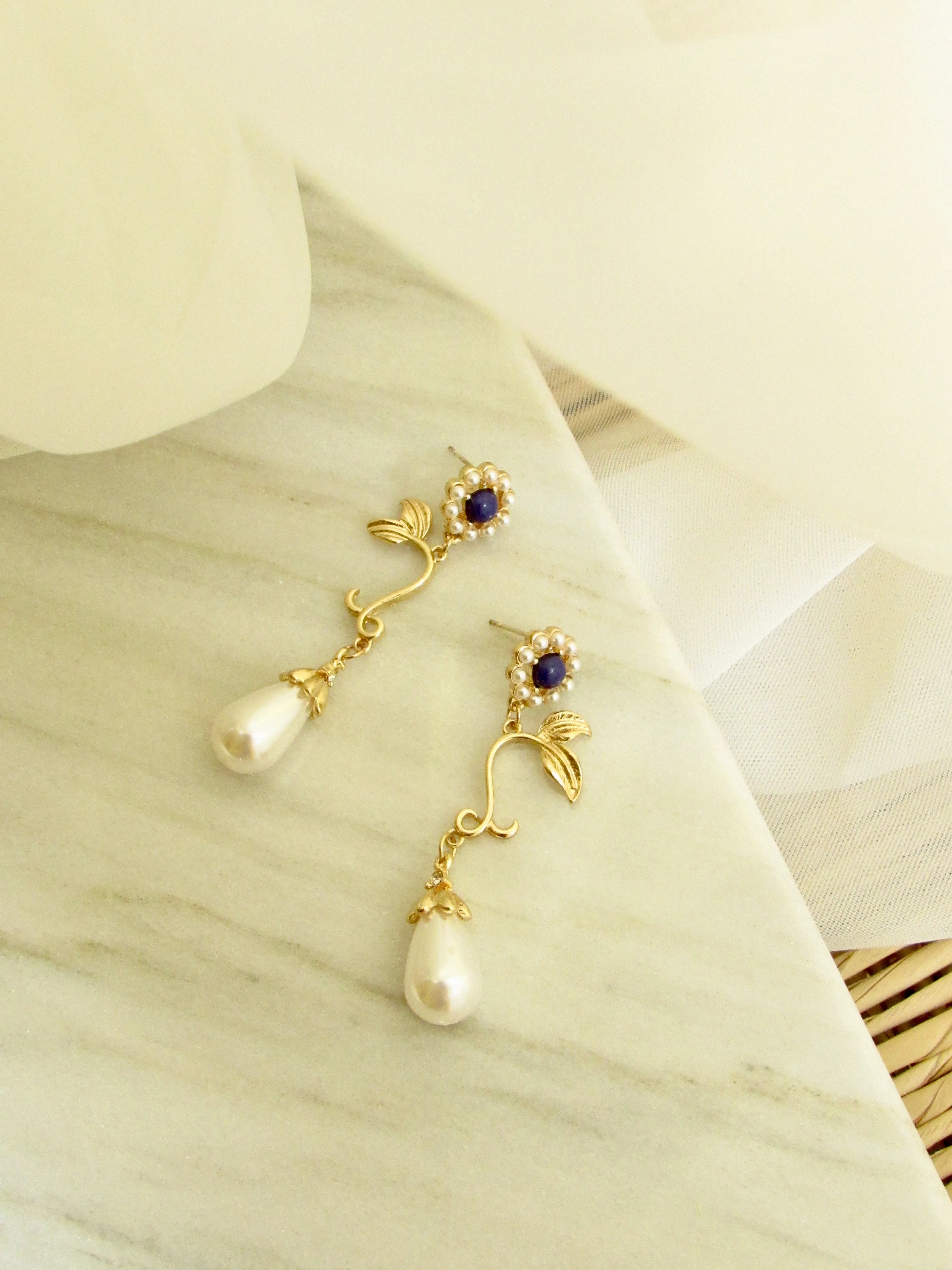 Purple Gem Flower Teardrop Pearl Earrings in Gold