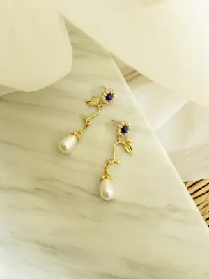 Purple Gem Flower Teardrop Pearl Earrings in Gold