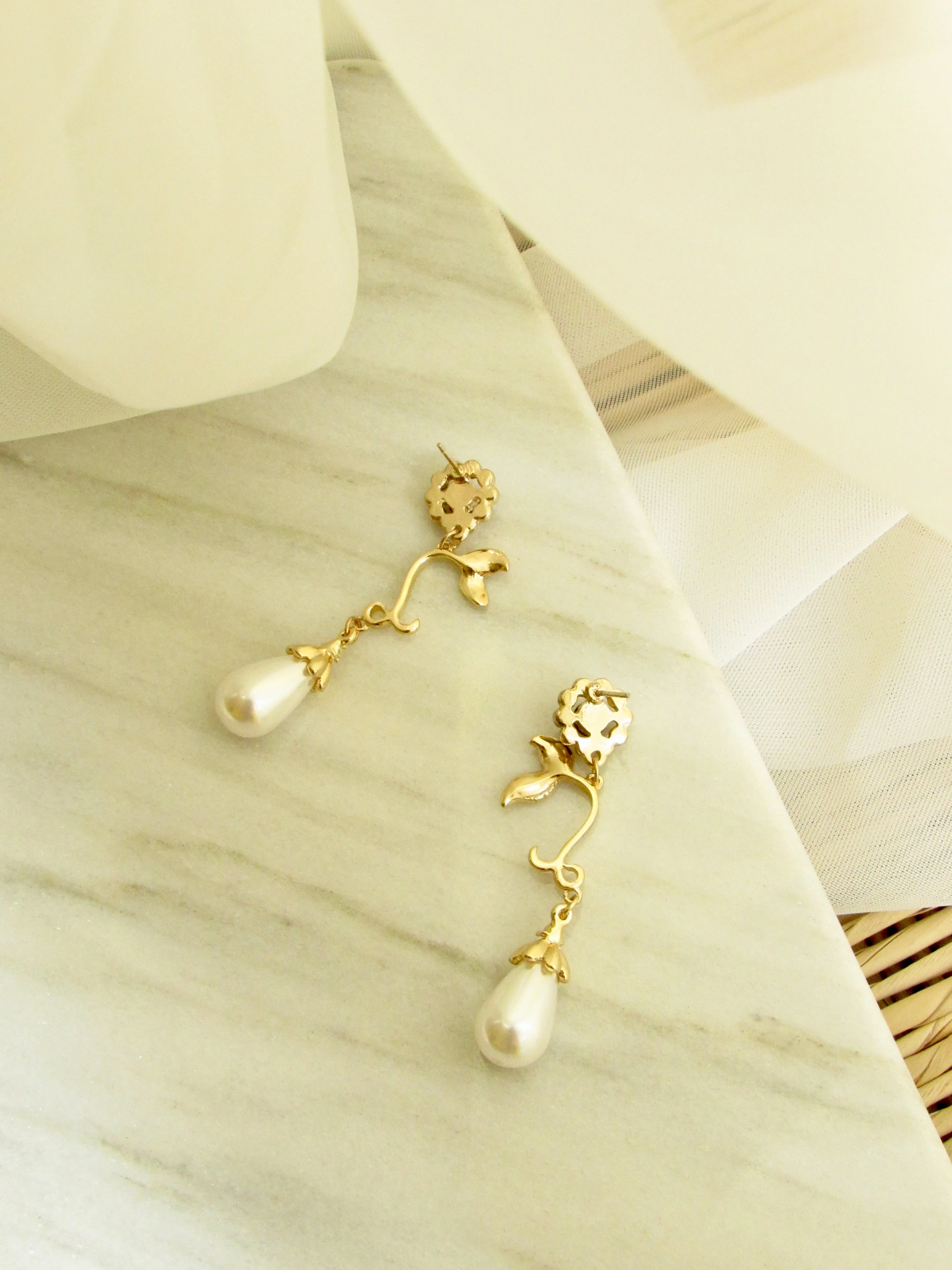 Purple Gem Flower Teardrop Pearl Earrings in Gold