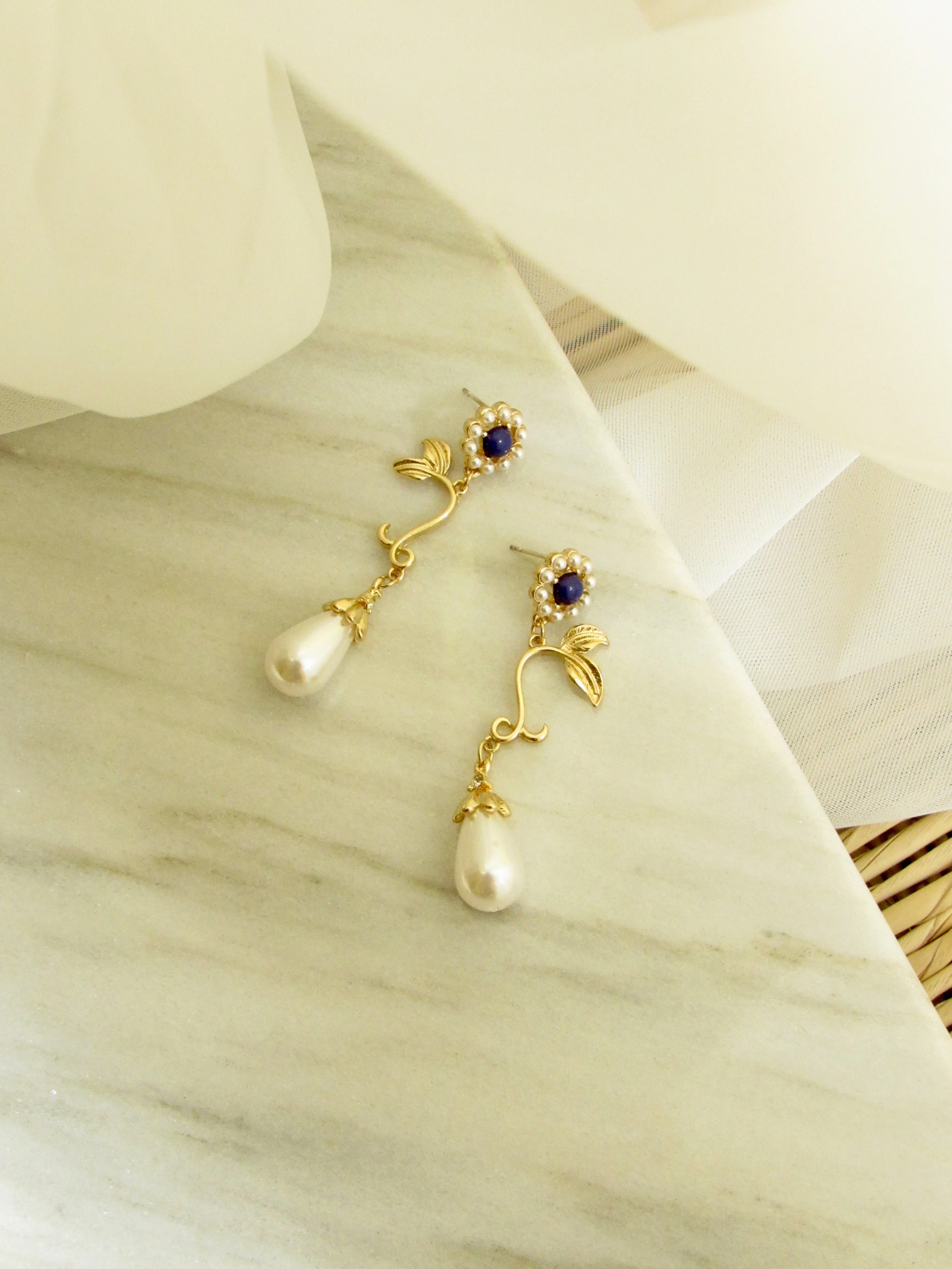 Purple Gem Flower Teardrop Pearl Earrings in Gold