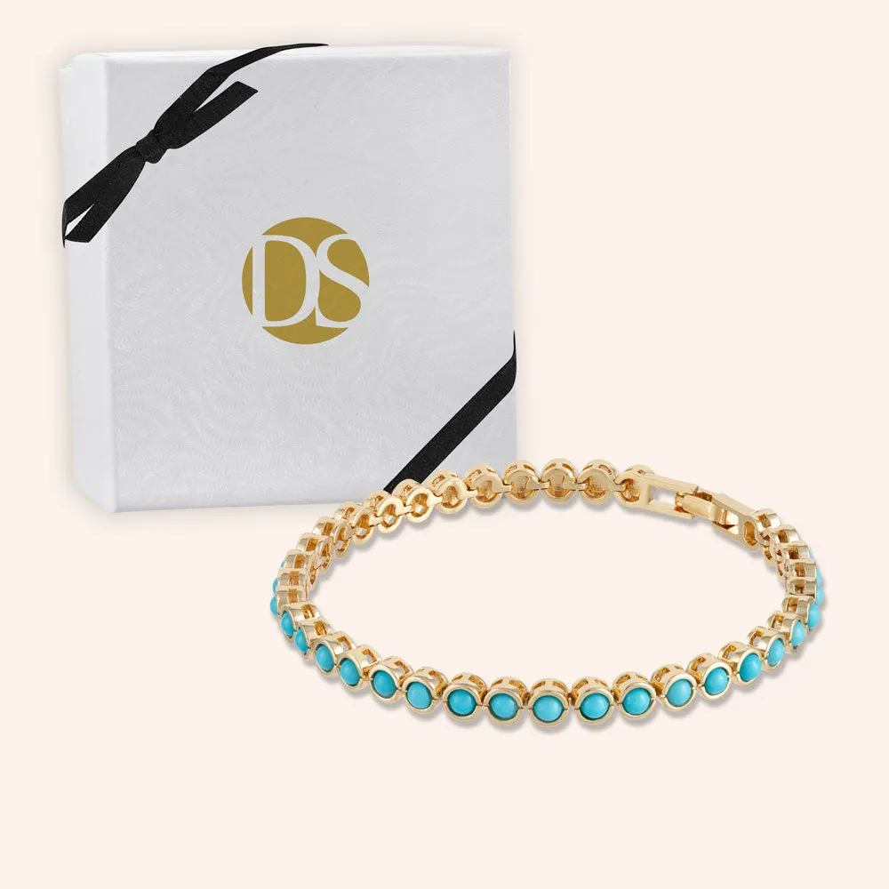 "Milestone" Round Cut Bezel set Turquoise Tennis Bracelet - Includes Extender - Gold