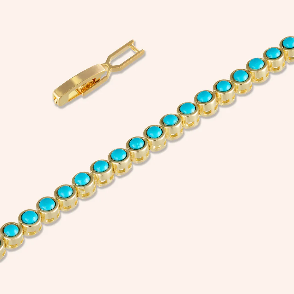 "Milestone" Round Cut Bezel set Turquoise Tennis Bracelet - Includes Extender - Gold