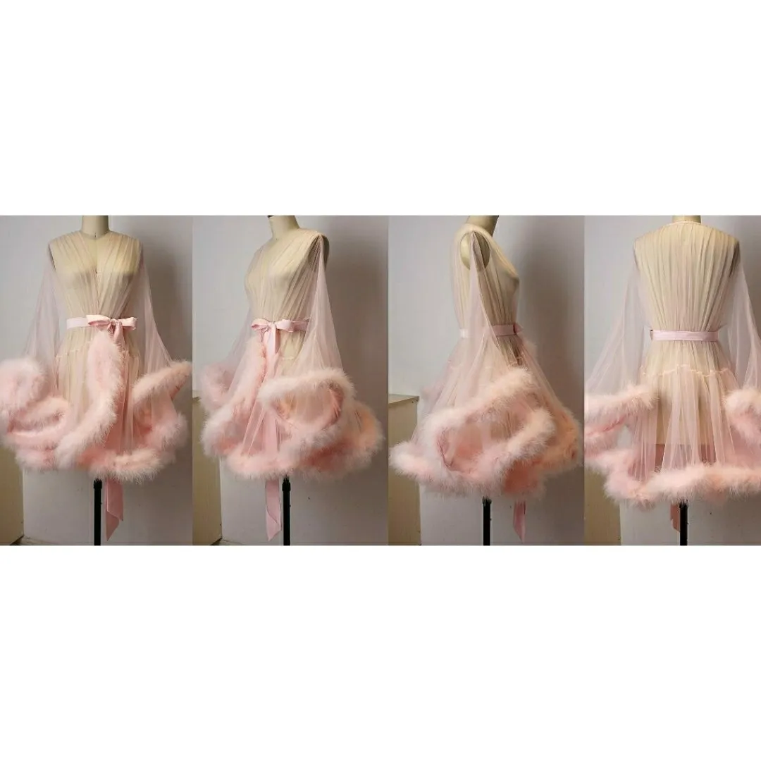 "Night In" Blush Pink Handmade Sheer Fluffy Mini Marabou Feather Robe