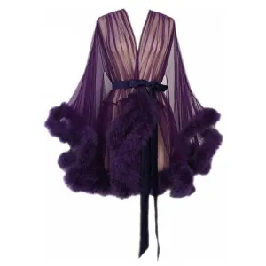 "Night In" Dark Purple Handmade Sheer Fluffy Mini Marabou Feather Robe