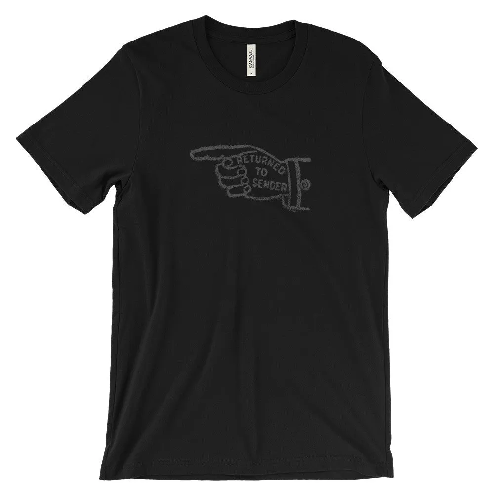 "Returned to Sender" Gray on Black Unisex Tee