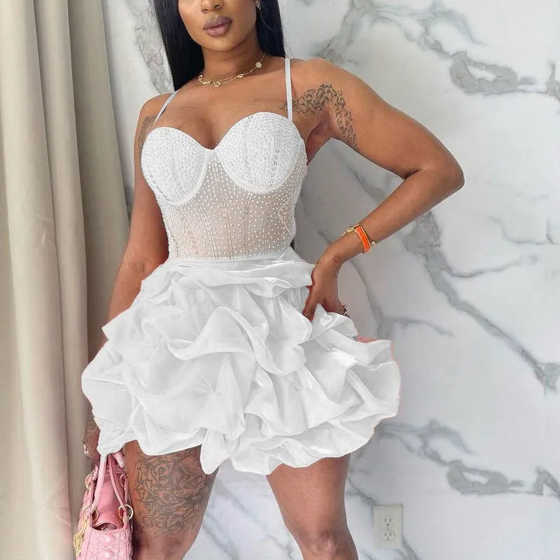 Rhinestone Spaghetti Strap Layered Mini Dress