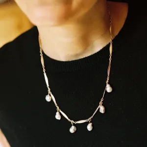 Rose Gold Paper-Clip Chain with Dangling Pearls