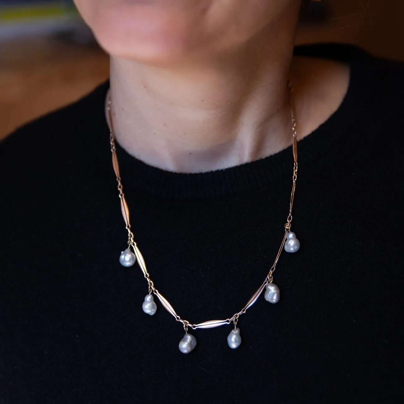 Rose Gold Paper-Clip Chain with Dangling Pearls