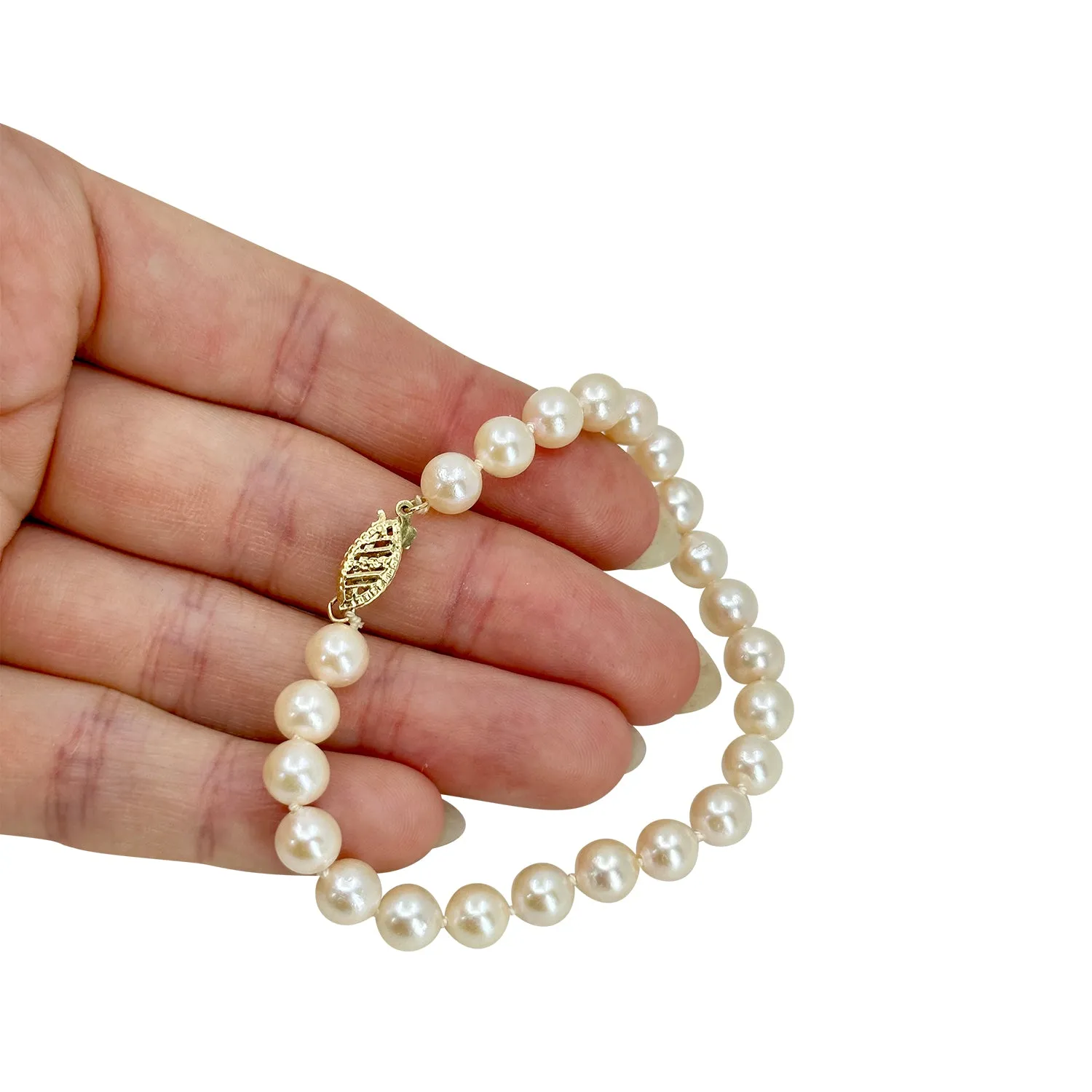 Rosy Mid-Century Japanese Saltwater Akoya Cultured Pearl Vintage Bracelet- 14K Yellow Gold