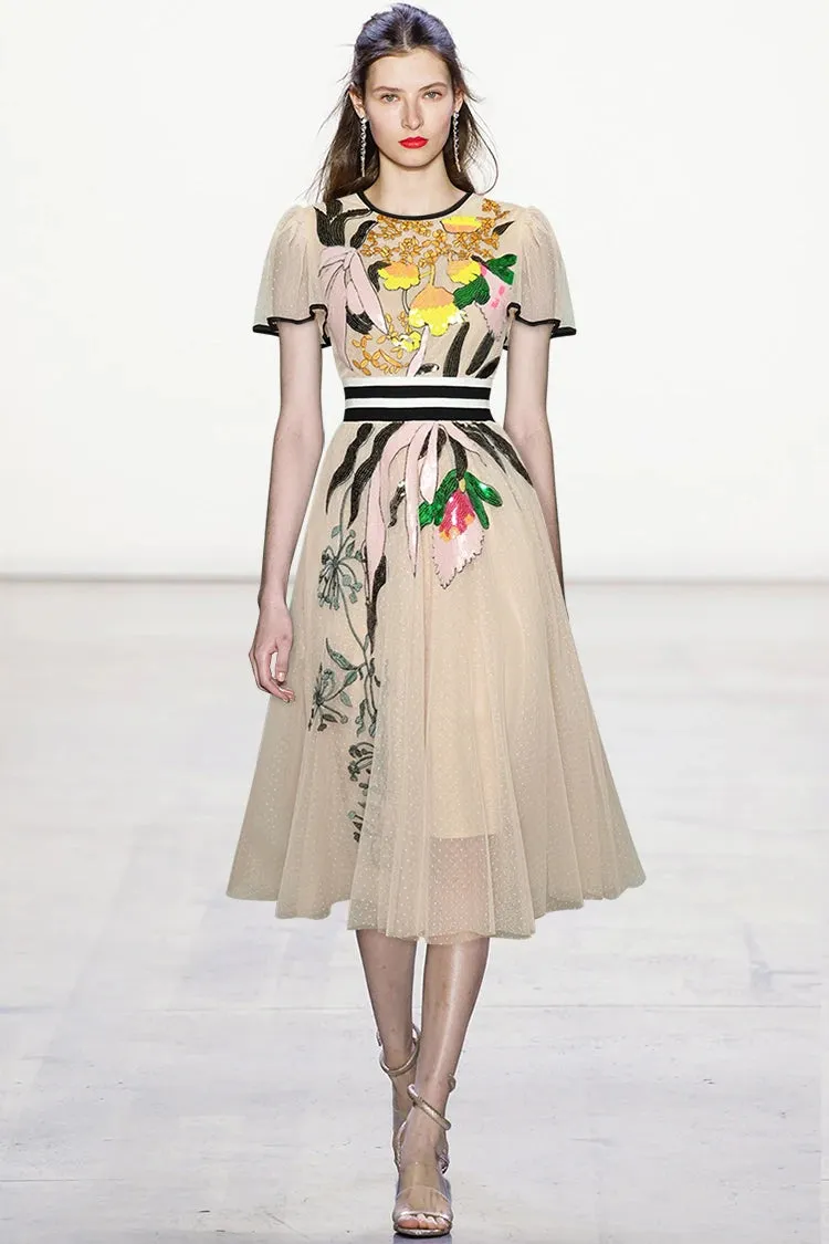 Royalty Runway Midi  Butterfly Sleeve Sequined Embroidery Ladies Slim A-Line Dress