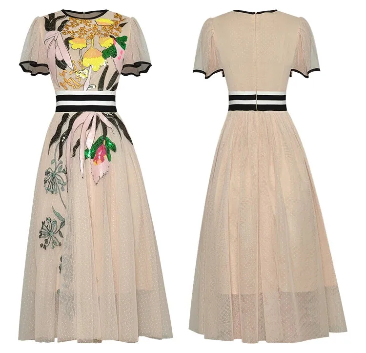 Royalty Runway Midi  Butterfly Sleeve Sequined Embroidery Ladies Slim A-Line Dress