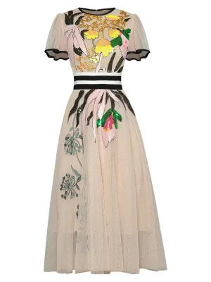 Royalty Runway Midi  Butterfly Sleeve Sequined Embroidery Ladies Slim A-Line Dress