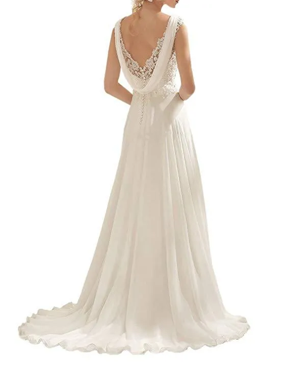 Roycebridal Beach Wedding Dresses White/Lvory Chiffon Lace Appliques Bridal Gown Backless Vestido De Noiva