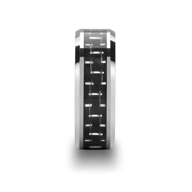 SAN DIEGO | Silver Tungsten Ring, Black & Silver Carbon Fiber Inlay, Beveled