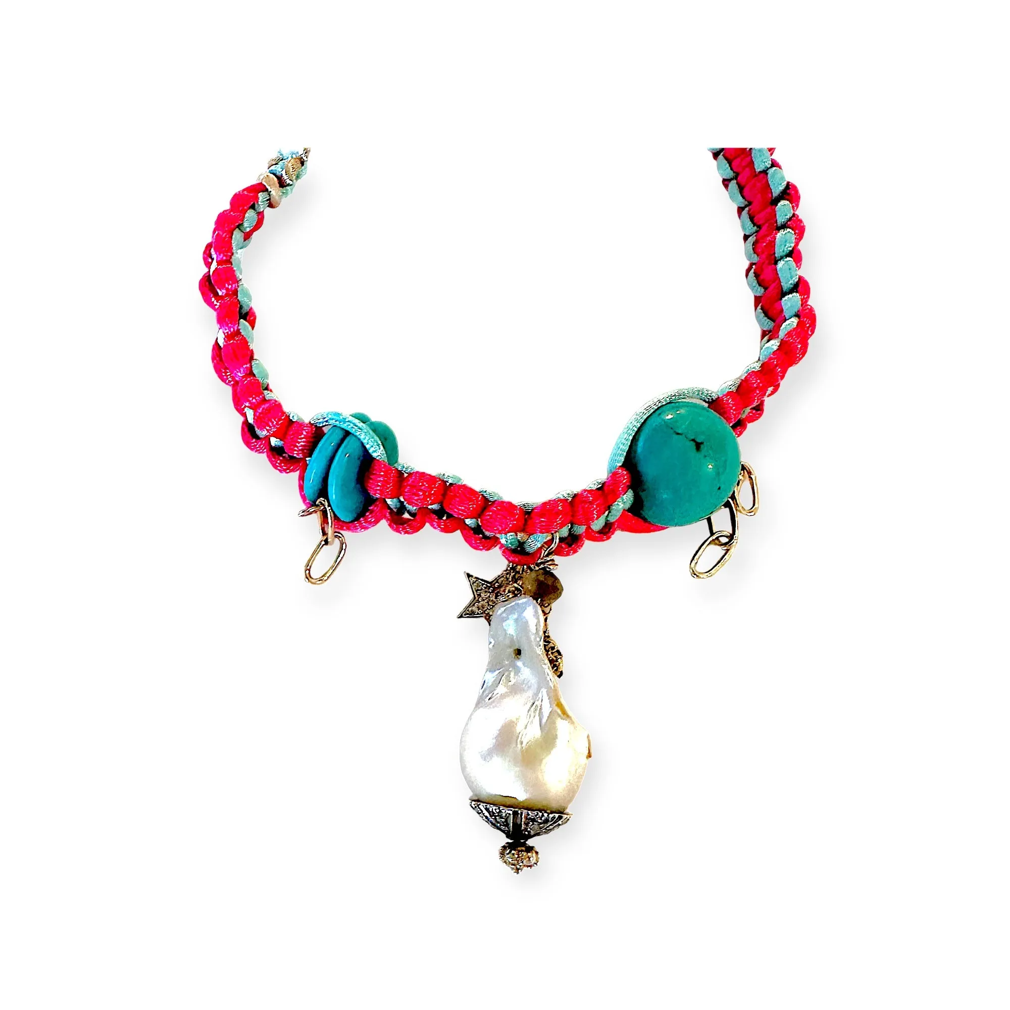 SANTORINI SKY DIAMOND BAROQUE PEARL GOLD STAR, CHAIN AND TURQUOISE SILK ROCKSTAR ANKLET