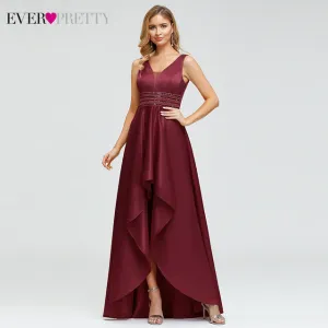 Satin Prom Dress Double V-Neck Sequined Sleeveless Asymmetrical Party Gowns