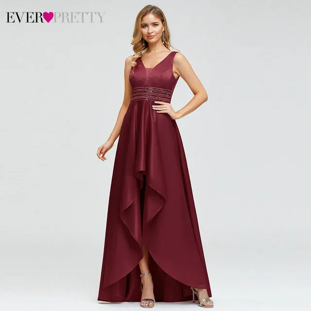 Satin Prom Dress Double V-Neck Sequined Sleeveless Asymmetrical Party Gowns