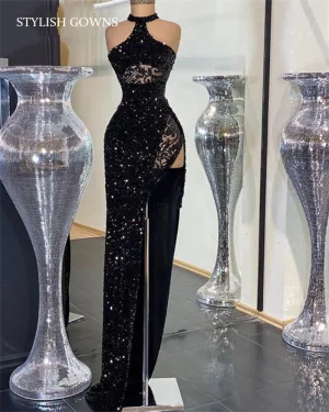 Sequined High Slit Halter Robe De Bal Dress