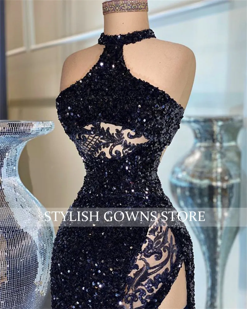 Sequined High Slit Halter Robe De Bal Dress