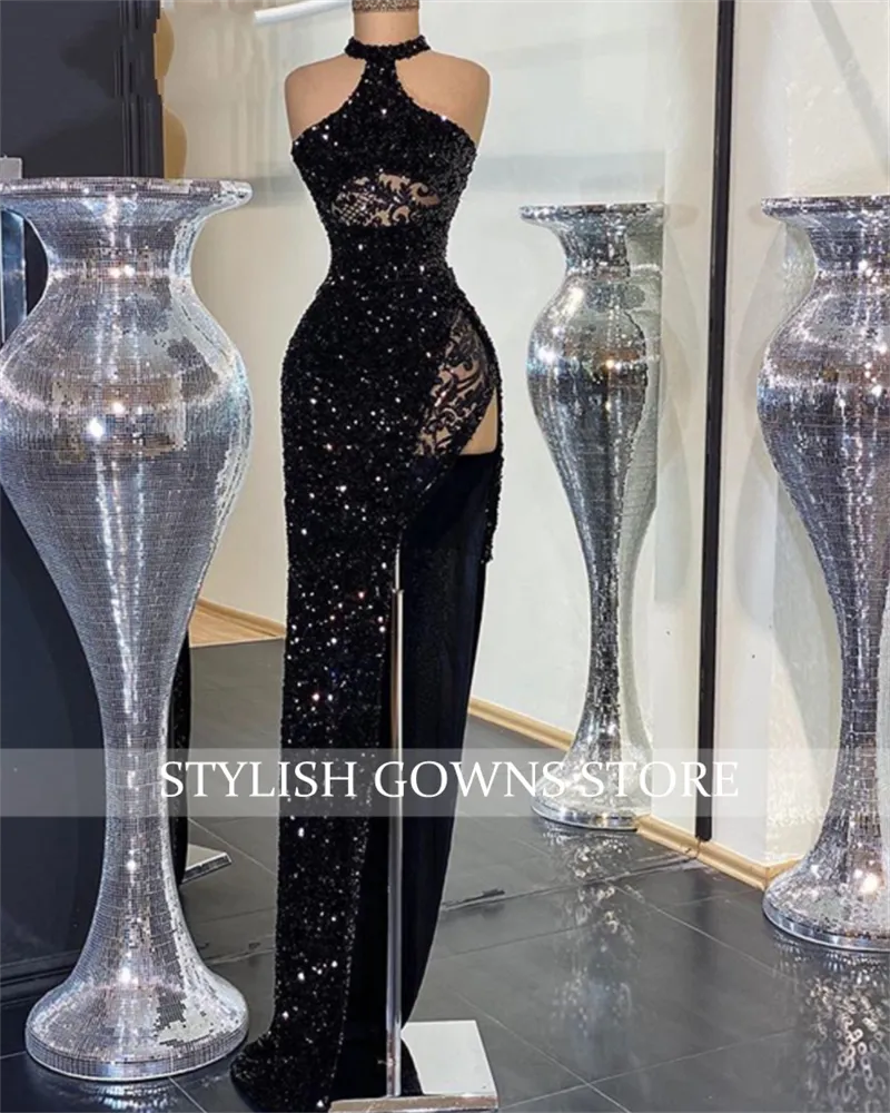 Sequined High Slit Halter Robe De Bal Dress