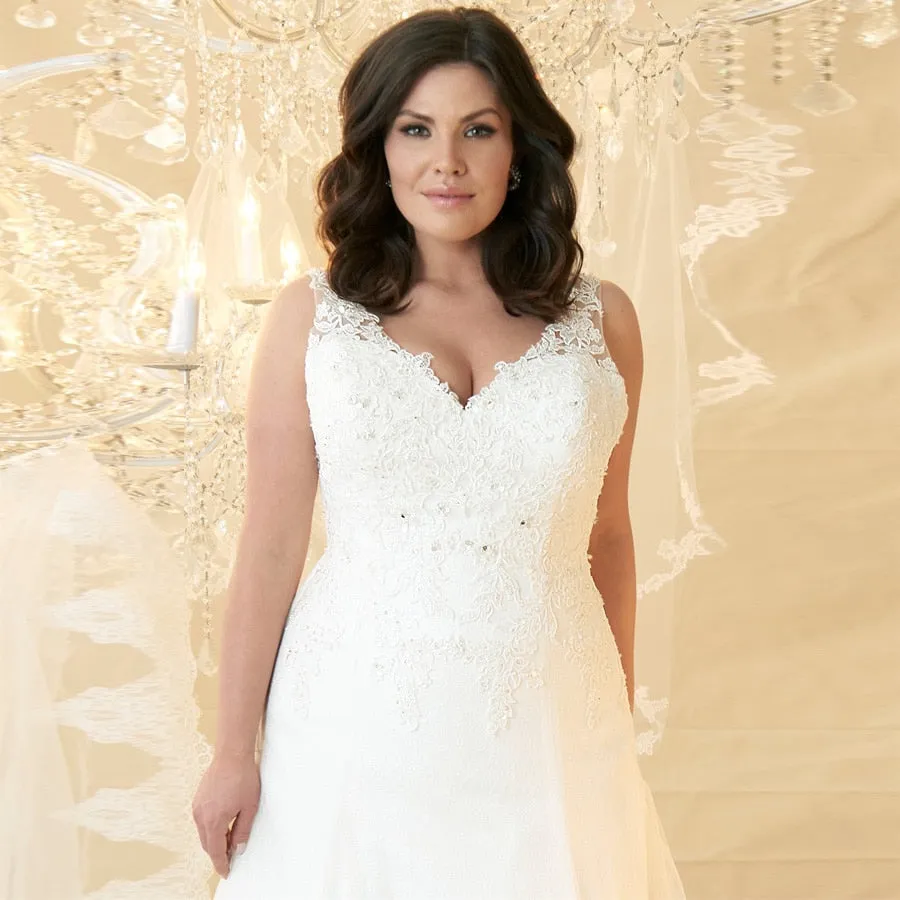 Sexy Plus Size Deep V Neck With Beading And Applique Lace Bridal Gown Has Sweep Train