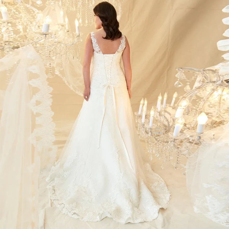 Sexy Plus Size Deep V Neck With Beading And Applique Lace Bridal Gown Has Sweep Train