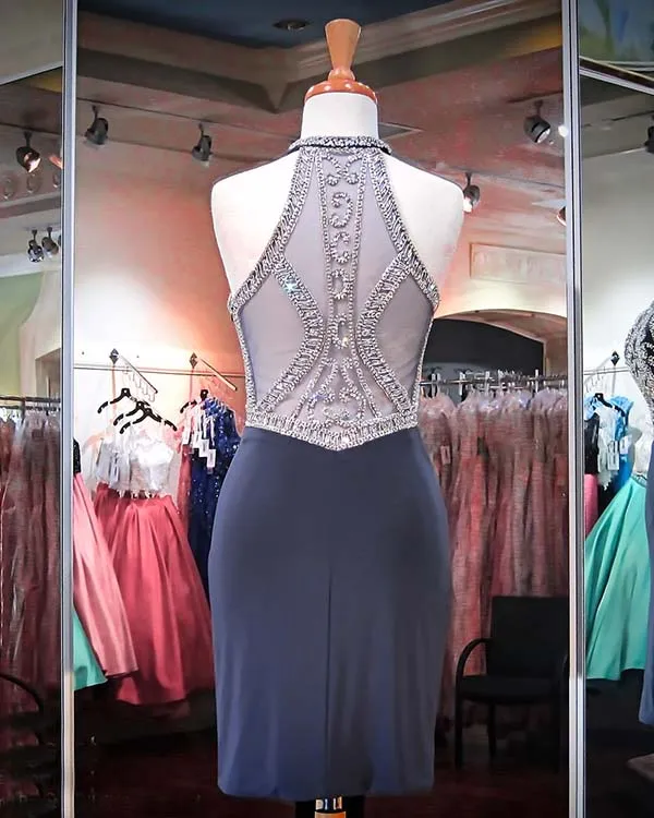 Sexy Sheer Back Homecoming Dresses Navy Blue Spandex Beaded Rhinestones Short Party Gowns 2018 Fashion