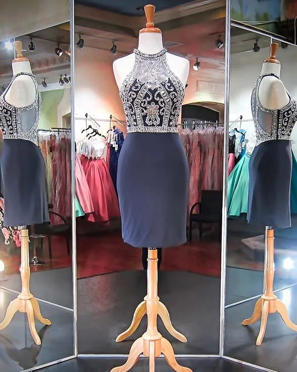 Sexy Sheer Back Homecoming Dresses Navy Blue Spandex Beaded Rhinestones Short Party Gowns 2018 Fashion