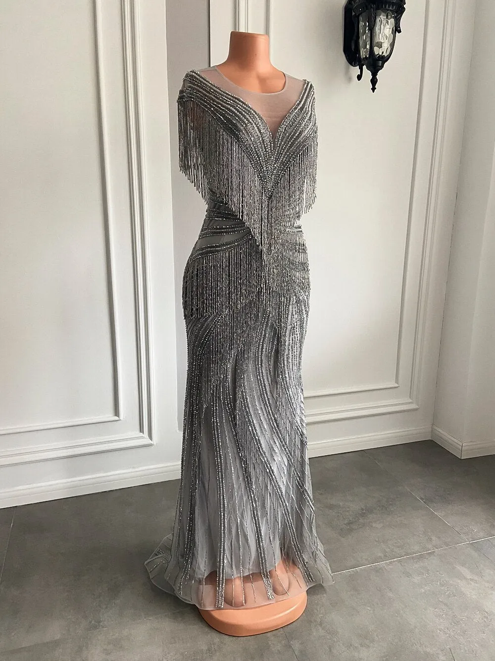 Sheer Scoop Beaded Crystals Silver Women Formal Evening Party Gowns