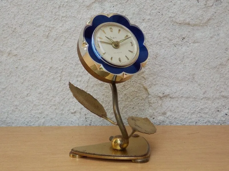 Sheffield Blue Enameled Flower Wind Up Alarm Clock