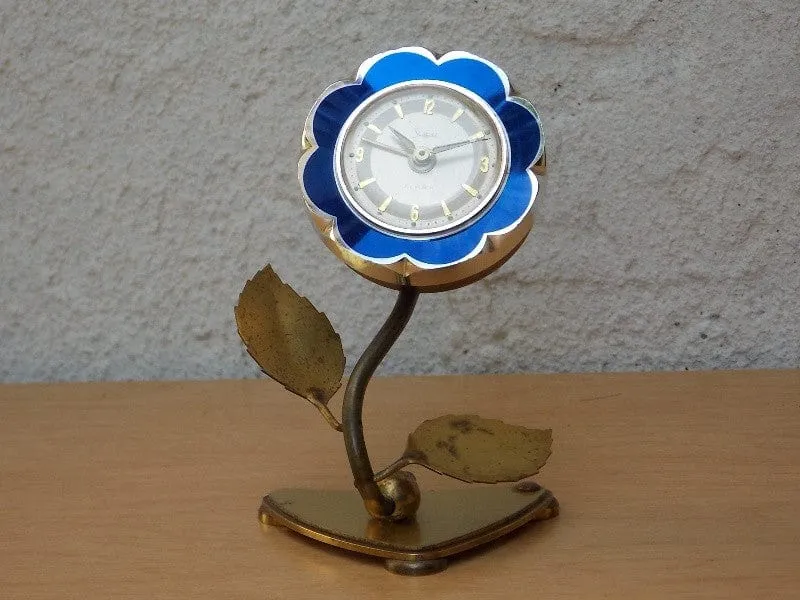 Sheffield Blue Enameled Flower Wind Up Alarm Clock