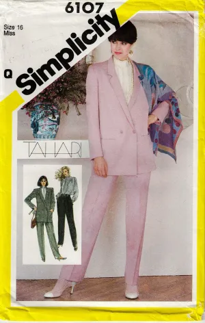 Simplicity 6107 TAHARI Womens Pants Suit & Blouse 1980s Vintage Sewing Pattern Size 16 Bust 38 Inches UNCUT Factory Folded