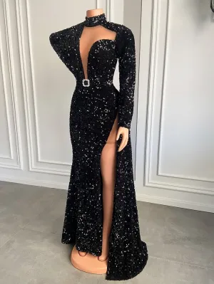 Single Long Sleeve Sheer Mesh Sparkly Black Sequined Girls Prom Dresses