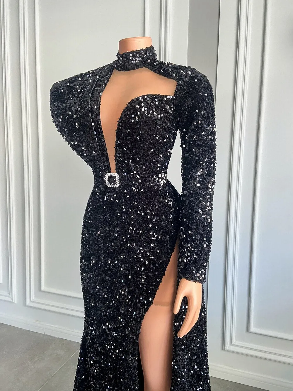 Single Long Sleeve Sheer Mesh Sparkly Black Sequined Girls Prom Dresses