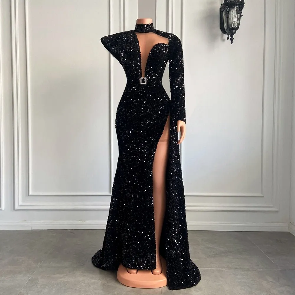 Single Long Sleeve Sheer Mesh Sparkly Black Sequined Girls Prom Dresses