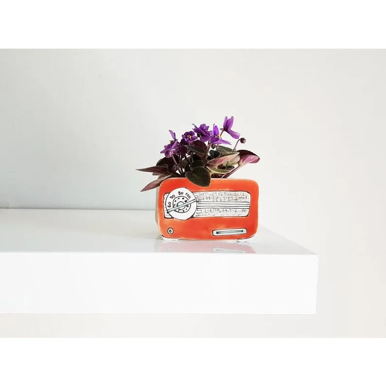 Small Orange Vintage Radio Planter