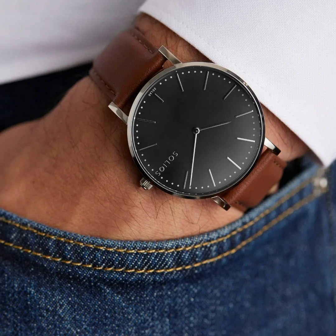 Solar Watch with Black & Silver Dial  | Brown Vegan Leather Strap
