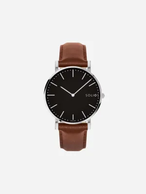Solar Watch with Black & Silver Dial  | Brown Vegan Leather Strap