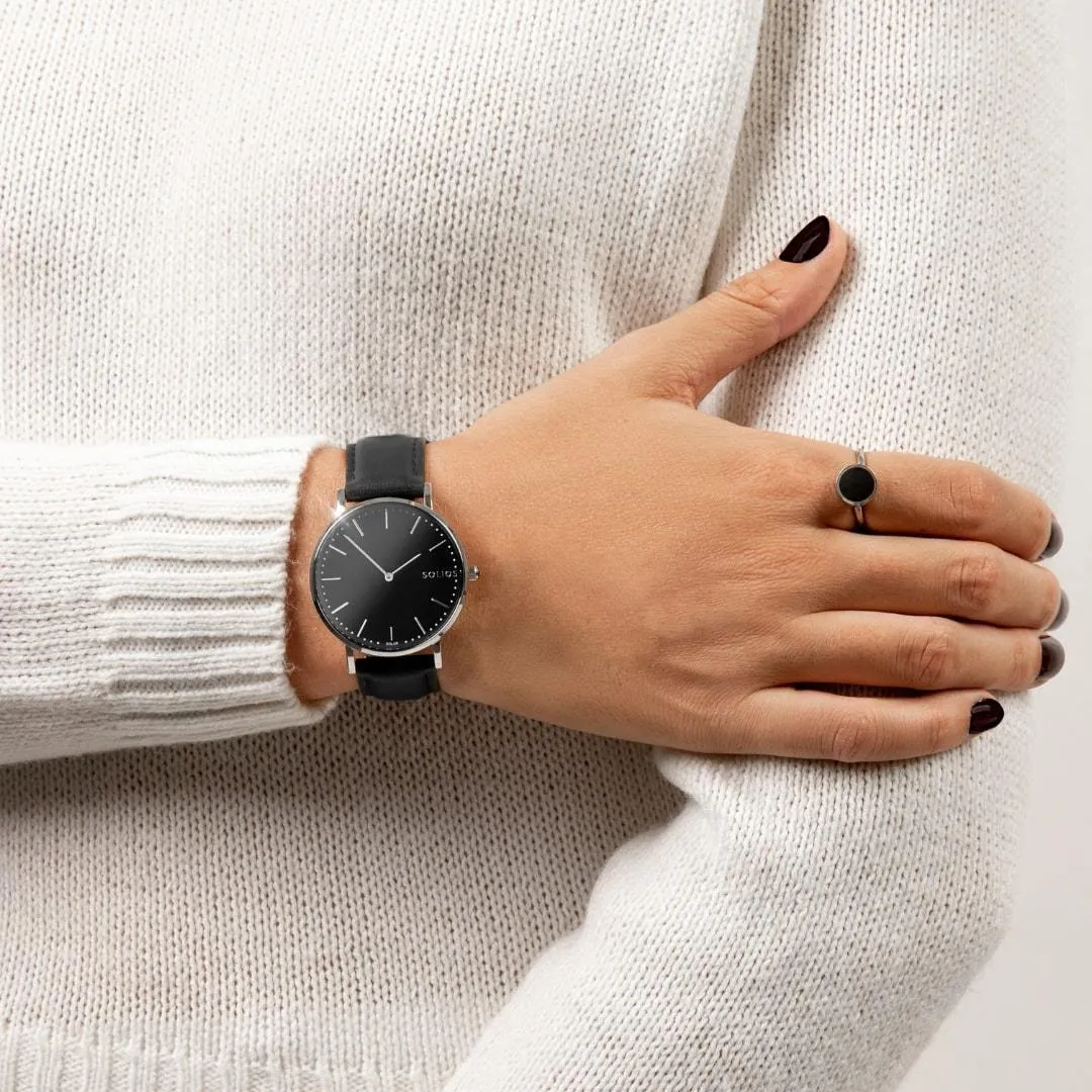 Solar Watch with Black & Silver Dial  | Brown Vegan Leather Strap