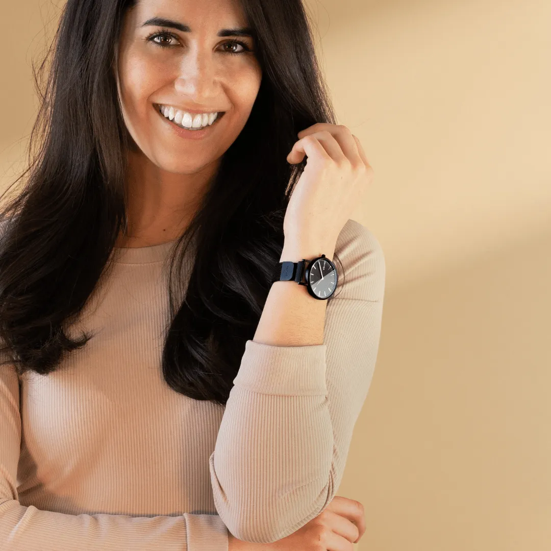 Solar Watch with Black Dial | Rose Gold Mesh Strap