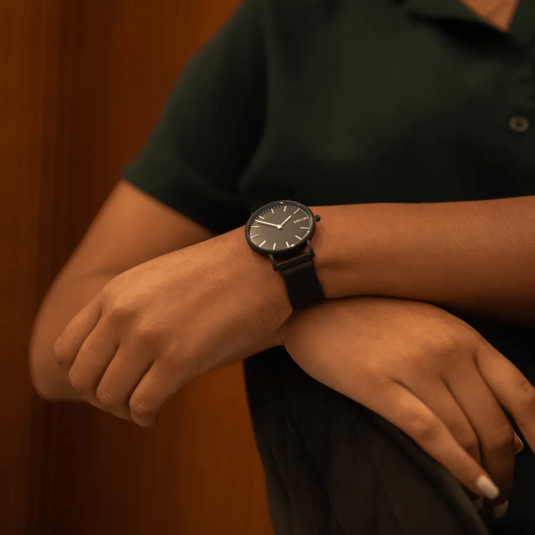 Solar Watch with Black Dial | Rose Gold Mesh Strap