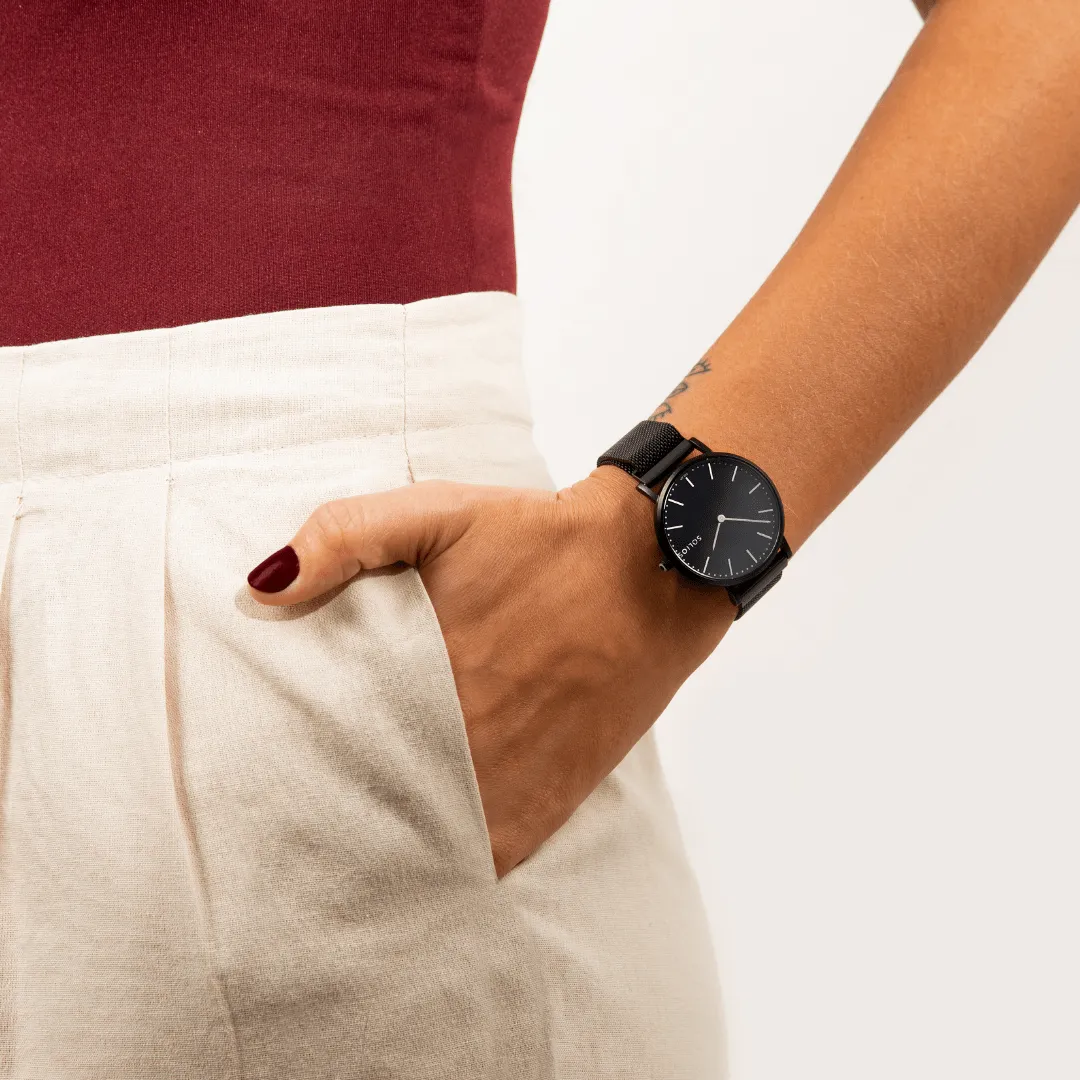 Solar Watch with Black Dial | Rose Gold Mesh Strap