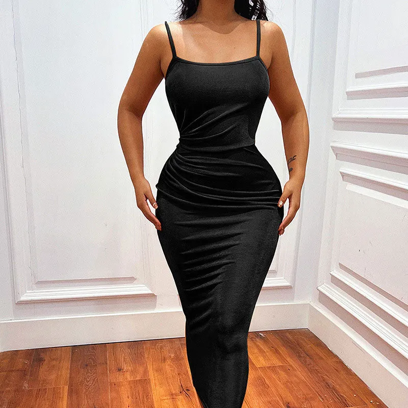 Solid Sleeveless Ruched Spaghetti Strap Midi Dress