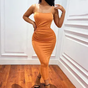 Solid Sleeveless Ruched Spaghetti Strap Midi Dress