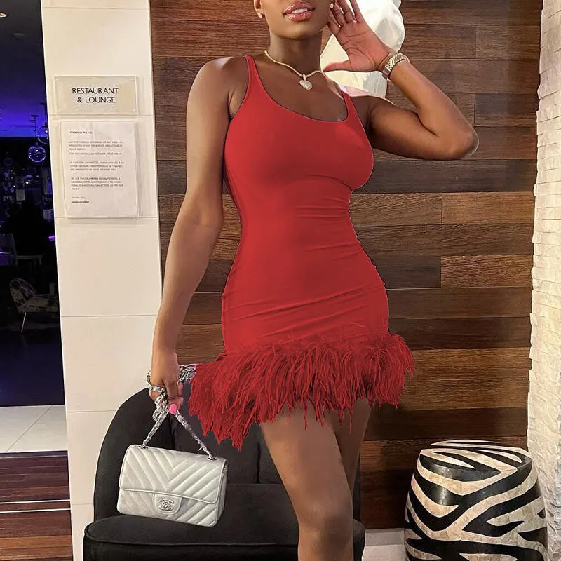 Solid Sleeveless Spaghetti Strap Feather Design Mini Dress