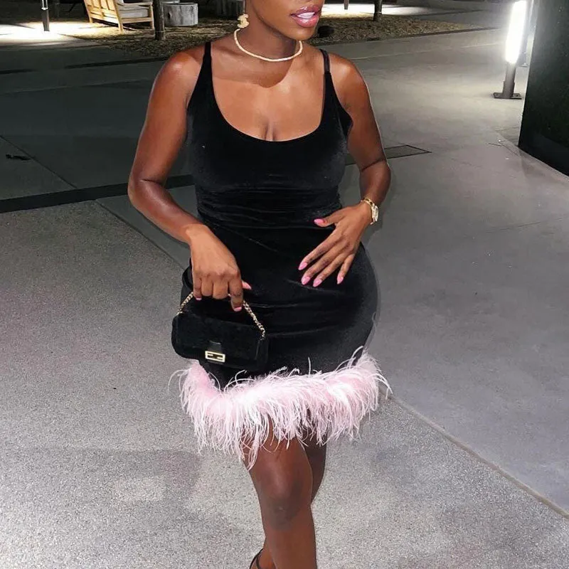 Solid Sleeveless Spaghetti Strap Feather Design Mini Dress