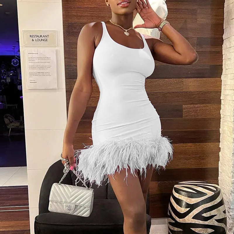 Solid Sleeveless Spaghetti Strap Feather Design Mini Dress