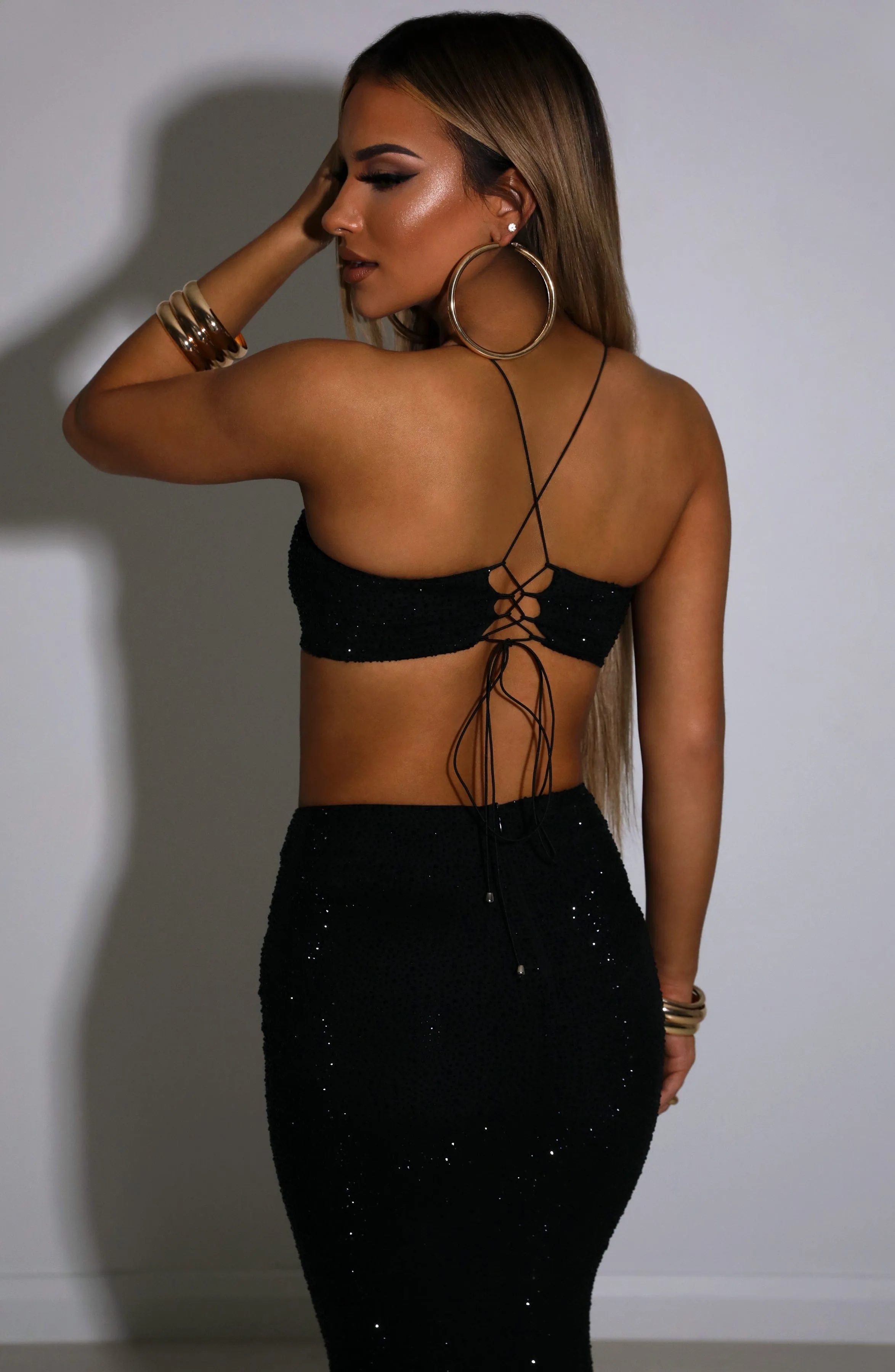 Spaghetti strap short top   half-length skirt solid color luxury glitter set