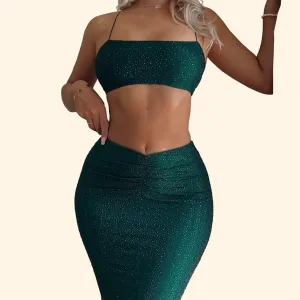 Spaghetti strap short top   half-length skirt solid color luxury glitter set